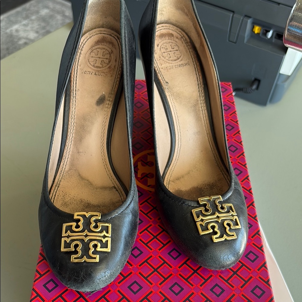 Tory Burch Black Heels with Gold Logo